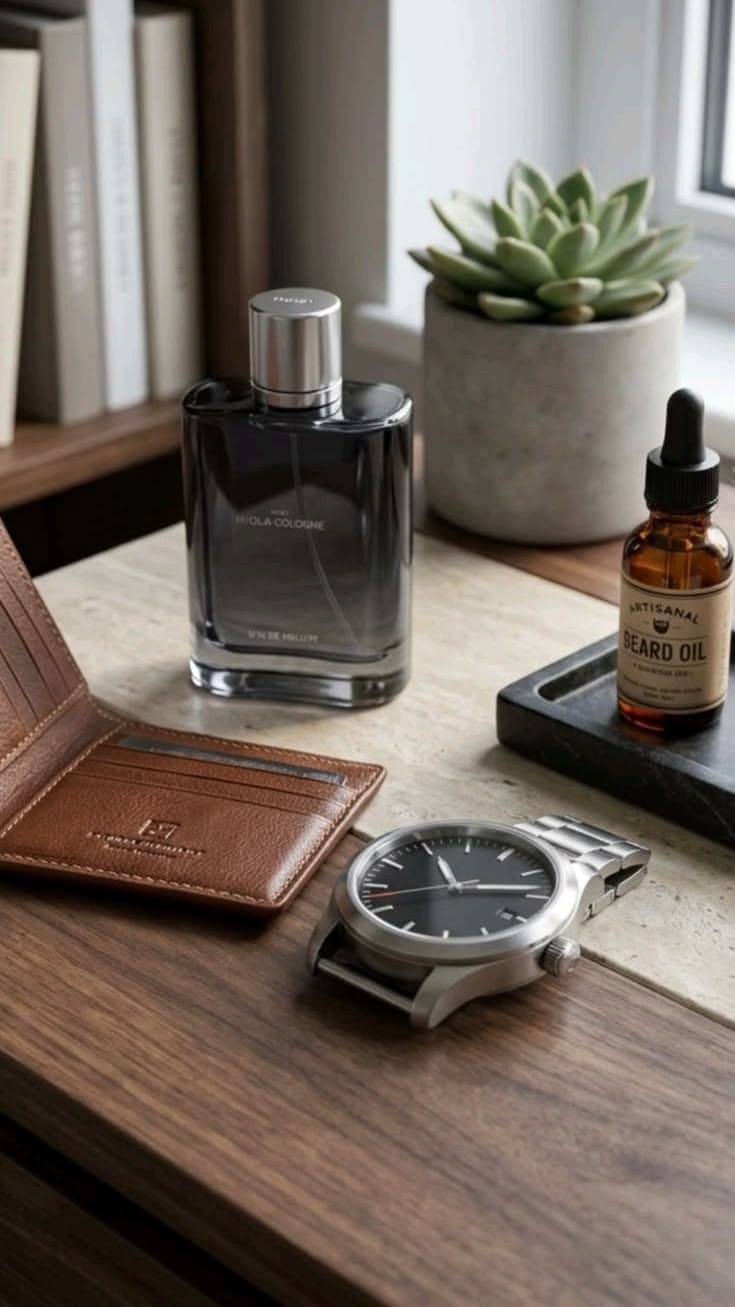 A finished custom cologne bottle styled on a desk with a watch and wallet