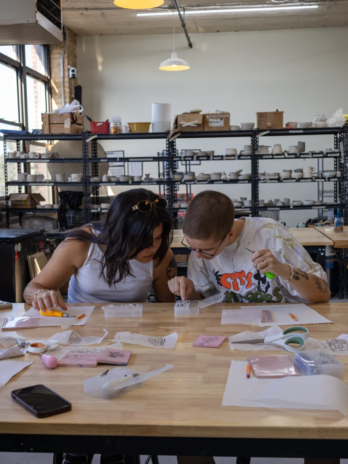 Guests working on linocut stamps at Mixed Mediums Chicago